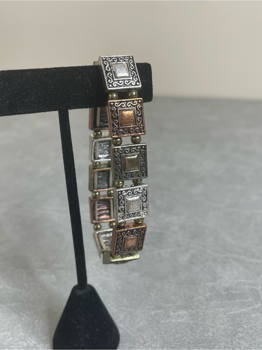 Tri-Tone (Bronze, Silver, and Copper) Square Tile Stretch Bracelet